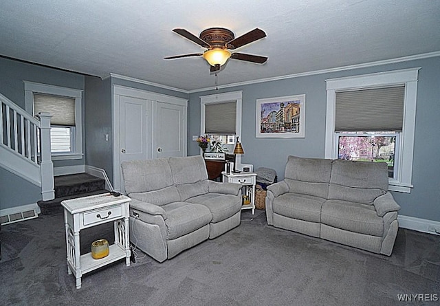 living area featuring ceiling fan, visible vents, crown molding, carpet floors, and stairs