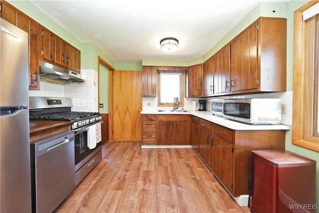 kitchen featuring decorative backsplash, a sink, appliances with stainless steel finishes, light wood-style floors, and under cabinet range hood