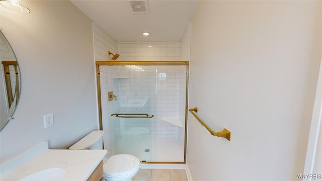 full bath featuring a shower stall, visible vents, toilet, vanity, and tile patterned flooring