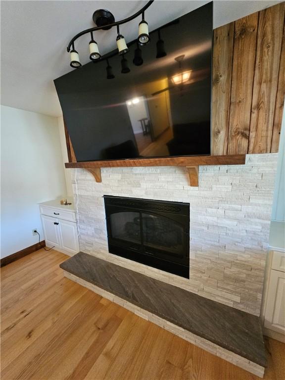 room details featuring a fireplace, wood finished floors, and baseboards