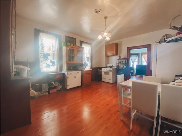 kitchen with dark wood-style floors, hanging light fixtures, white appliances, and glass insert cabinets