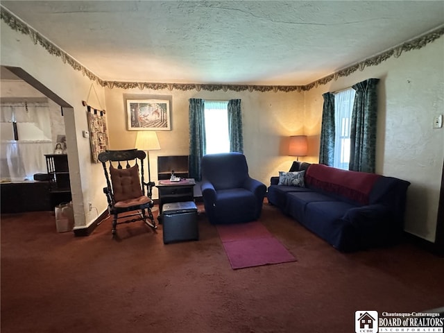 carpeted living room featuring baseboards and a textured ceiling