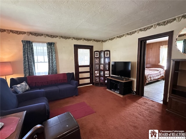 carpeted living room featuring a textured ceiling
