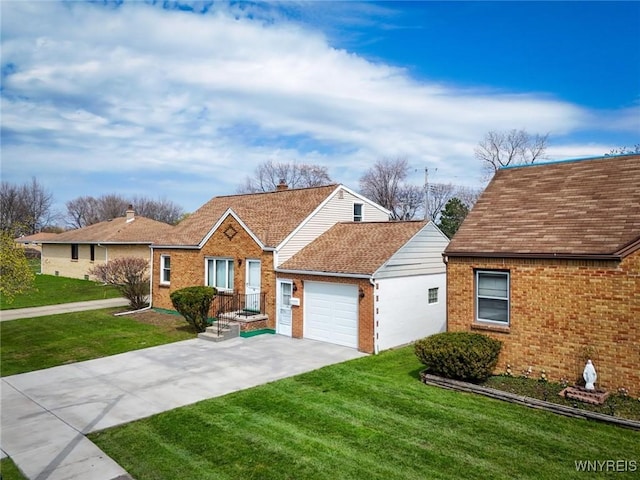 single story home featuring driveway, a shingled roof, a front yard, an attached garage, and brick siding