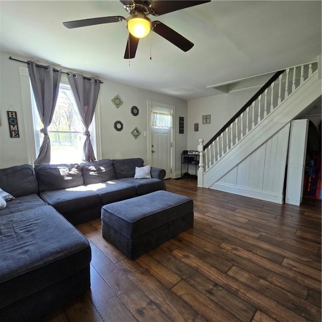 520 Logan St, Elmira-City, NY 14901 - living room featuring hardwood / wood-style floors, stairway, and ceiling fan