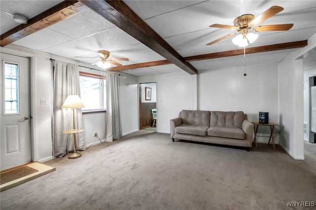 carpeted living area with beam ceiling, ceiling fan, and baseboards