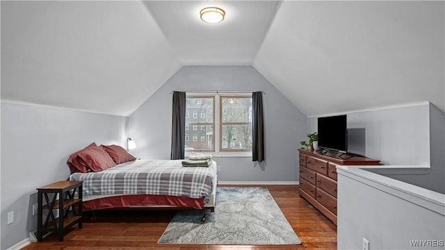 bedroom featuring wood finished floors and vaulted ceiling