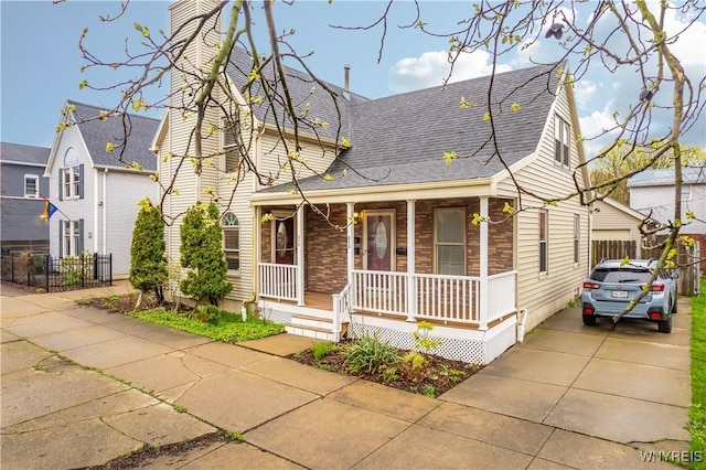 view of front of home with a porch, a chimney, roof with shingles, brick siding, and fence