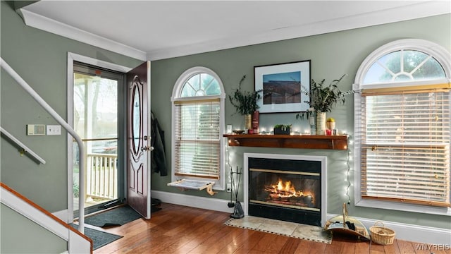 interior space with wood-type flooring, a fireplace with flush hearth, baseboards, and ornamental molding