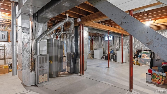 unfinished below grade area featuring washer / clothes dryer, heating unit, electric panel, and gas water heater