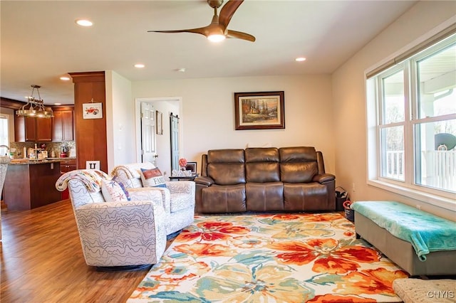11188 Westdale Rd Unit 6, Florence, NY 13483 - living area with light wood-style floors, recessed lighting, and ceiling fan