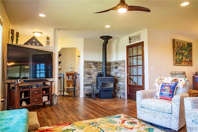 11188 Westdale Rd Unit 6, Florence, NY 13483 - living area with ceiling fan, a wood stove, recessed lighting, and wood finished floors