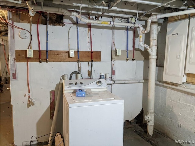 625 22nd St, Niagara Falls, NY 14301 - laundry room featuring washer / clothes dryer, concrete block wall, laundry area, and electric panel