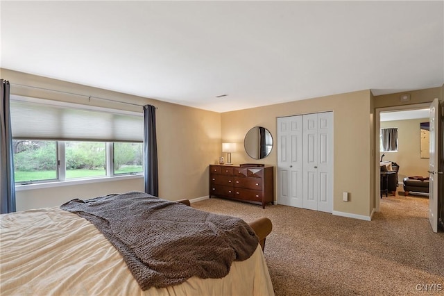 carpeted bedroom featuring baseboards and a closet