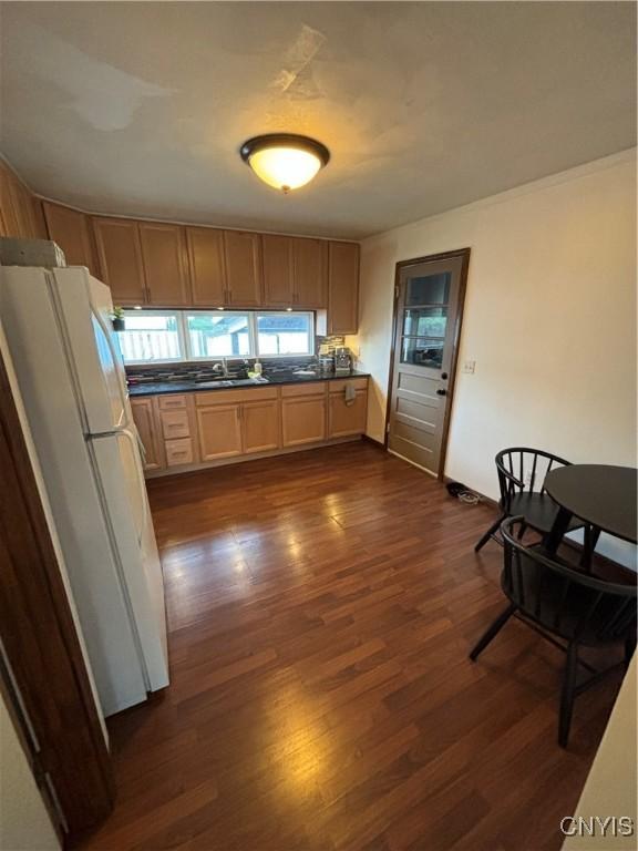 kitchen featuring freestanding refrigerator, a sink, dark wood-style flooring, and dark countertops