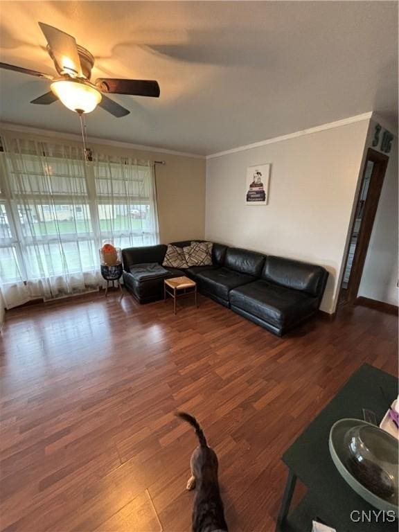 living area with a ceiling fan, wood finished floors, and ornamental molding