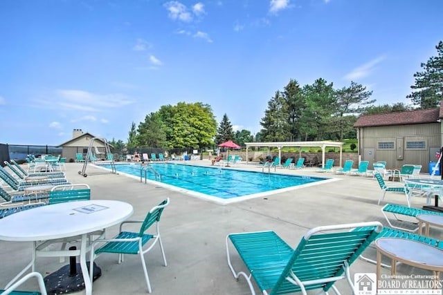 pool with fence and a patio area