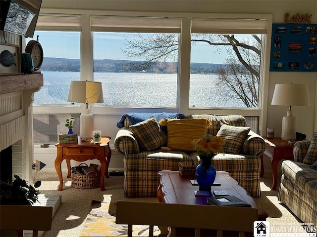 living area with a water view, carpet floors, and plenty of natural light