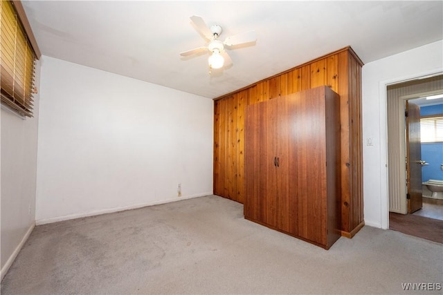 interior space with carpet floors, baseboards, wood walls, and a closet