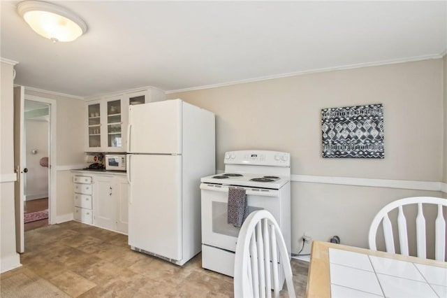kitchen with glass insert cabinets, crown molding, and white appliances