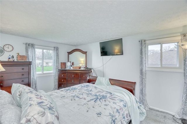 bedroom featuring a textured ceiling, baseboards, carpet flooring, and multiple windows