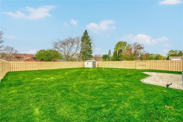 view of yard with an outdoor structure, a shed, and a fenced backyard