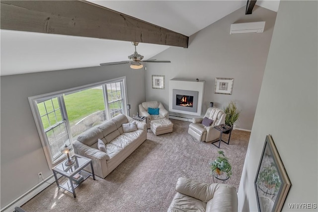 living room with baseboards, a baseboard radiator, a glass covered fireplace, vaulted ceiling with beams, and carpet