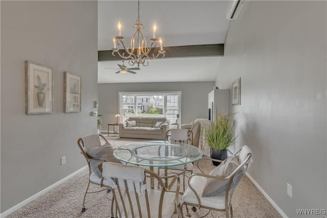 dining area with baseboards, carpet flooring, ceiling fan with notable chandelier, and beamed ceiling