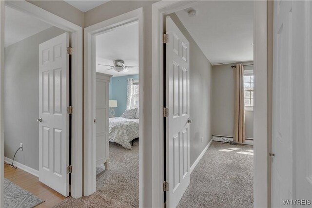 hallway featuring baseboards, light carpet, and a wealth of natural light