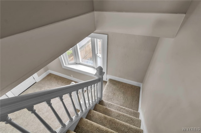 stairs with baseboards, vaulted ceiling, and carpet floors