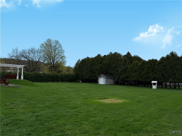 view of yard featuring an outdoor structure, a storage shed, and a detached garage