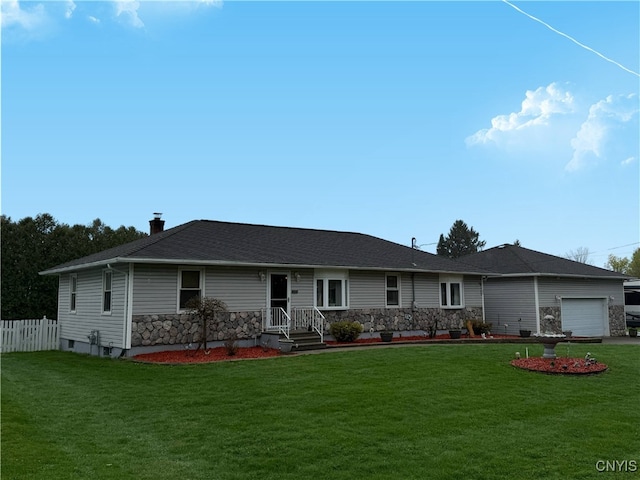 ranch-style house with a garage, fence, stone siding, a front yard, and a chimney