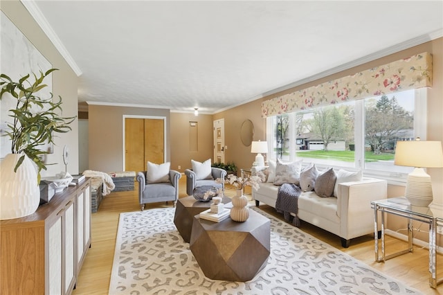 living room featuring light wood-style floors and crown molding