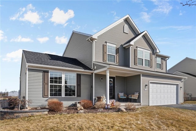 view of front of house with covered porch, a garage, a front lawn, and aphalt driveway