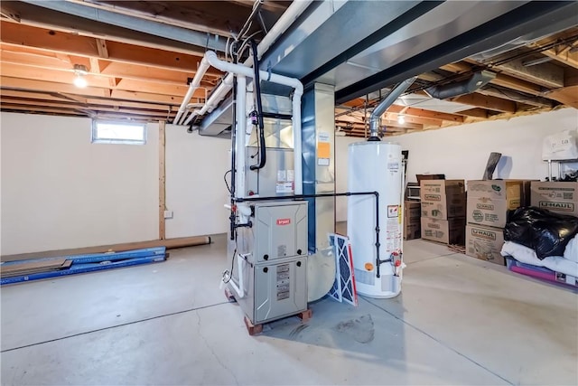 basement with heating unit and water heater