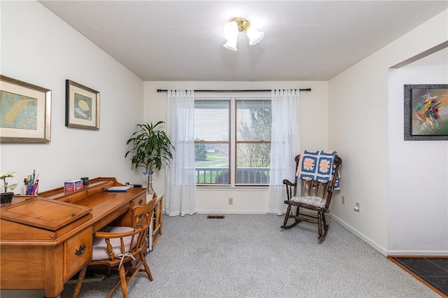 carpeted office space with baseboards and visible vents