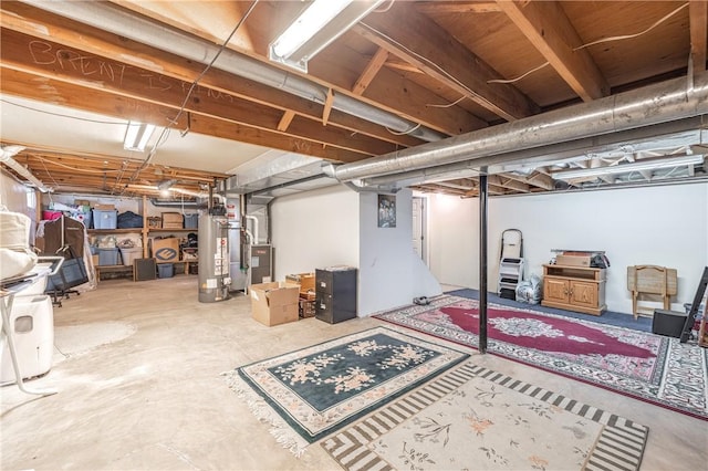 unfinished basement featuring gas water heater