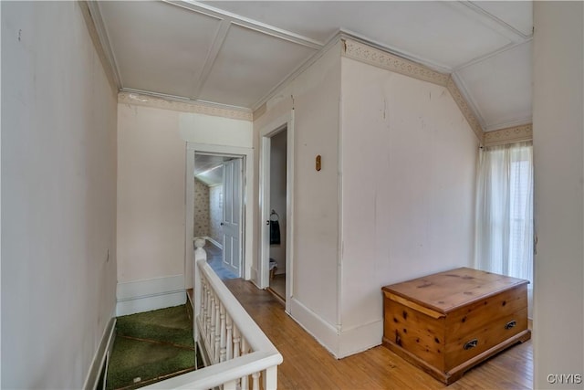 427 S James St, Wilna, NY 13619 - hallway featuring baseboards, an upstairs landing, ornamental molding, and light wood finished floors
