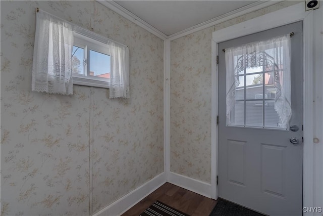 427 S James St, Wilna, NY 13619 - doorway to outside featuring plenty of natural light, baseboards, ornamental molding, and dark wood-type flooring