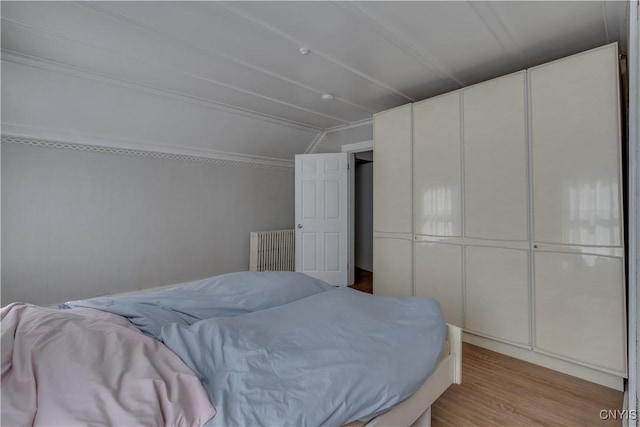 427 S James St, Wilna, NY 13619 - bedroom featuring wood finished floors, lofted ceiling, and radiator heating unit