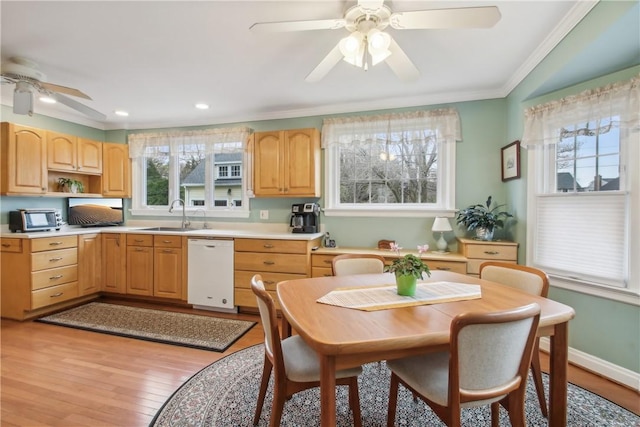 kitchen with crown molding, white dishwasher, ceiling fan, and light brown cabinetry