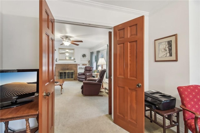 hallway featuring ornamental molding and carpet