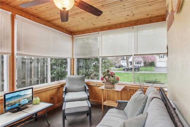 sunroom / solarium with wood ceiling, carpet, and a wealth of natural light