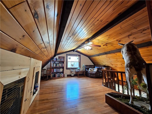 bonus room featuring a ceiling fan, vaulted ceiling, wood finished floors, and wood ceiling