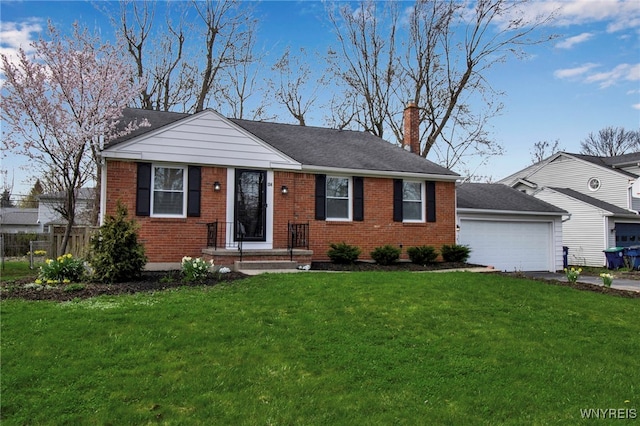 view of front of house with brick siding, a garage, a chimney, and aphalt driveway