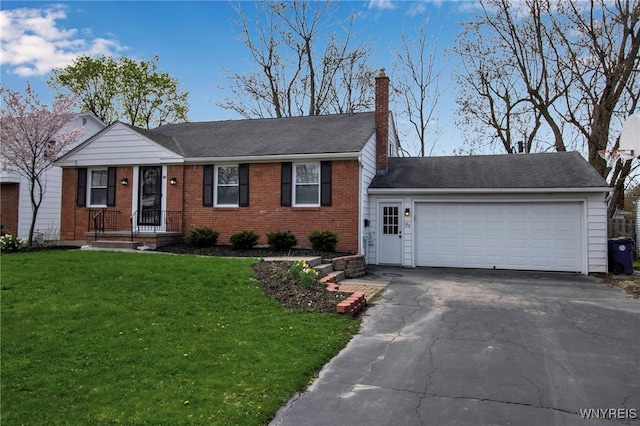 single story home with an attached garage, a front lawn, brick siding, a chimney, and driveway