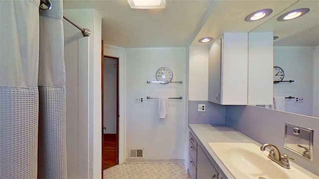 bathroom featuring visible vents, vanity, tile patterned floors, recessed lighting, and a shower with shower curtain