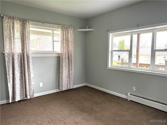 carpeted spare room with baseboards and baseboard heating