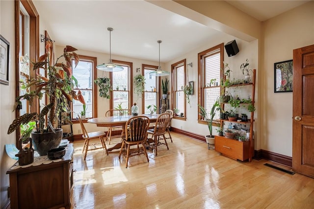 dining space featuring baseboards, visible vents, and light wood-type flooring