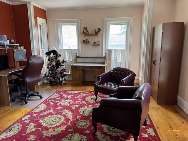 office space featuring light wood-type flooring and ornamental molding